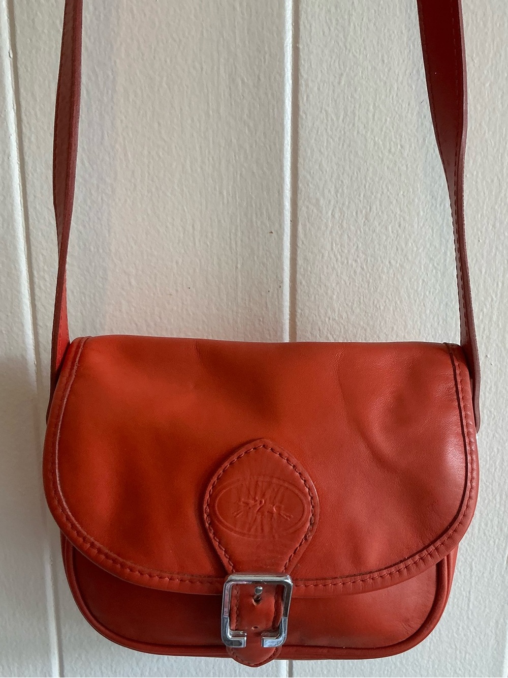 Rare Vintage  HTF Longchamp Au Sultan Red Orange Leather Crossbody Handbag Bag